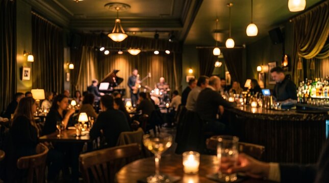 Sophisticated evening at a vibrant jazz bar with live music and patrons enjoying drinks in a warm, inviting atmosphere
