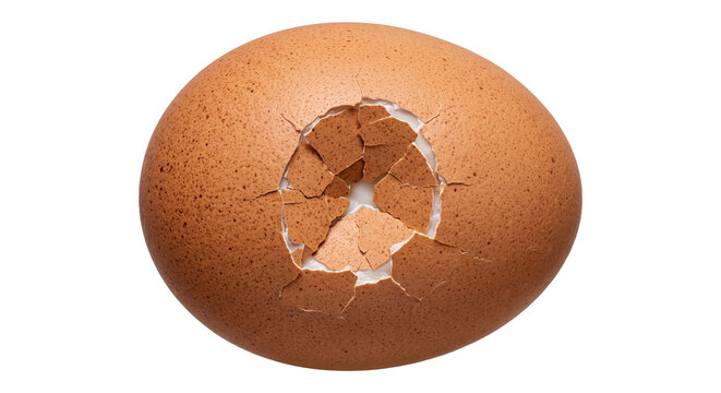 Cracked brown chicken egg shell with broken top surface isolated for food and baking photography.