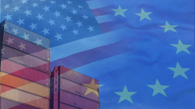 European Union and United States flags overlaid on cargo shipping containers. 4K video representing US and EU international trade, tariffs, supply chain logistics, and economic relations.