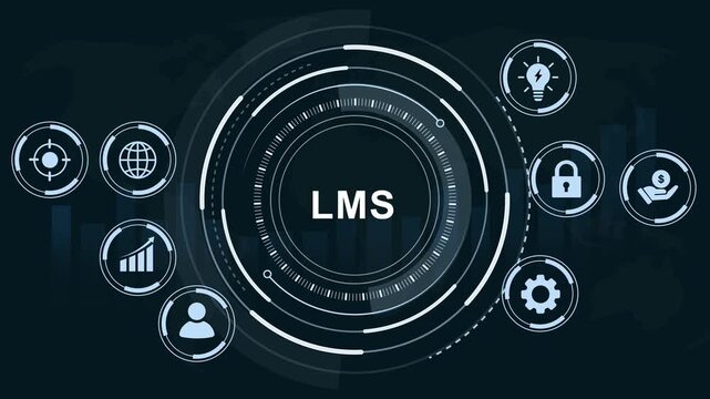 Dynamic learning management system lms digital interface with animated infographic global connectivity network, data analytics, and cyber security for corporate e-learning and education