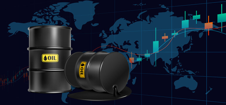 Global crude oil market price analysis with candlestick financial chart and world map background