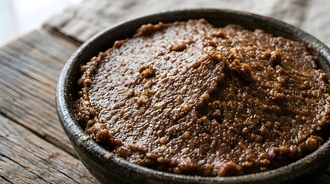 Rich dark brown miso paste filling a textured ceramic bowl, showcasing its thick grainy fermented soybean culinary consistency