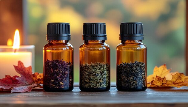 Three amber glass bottles filled with dried herbs, accompanied by an autumn leaf and a lit candle on a wooden table, creating a cozy and relaxing spa atmosphere.