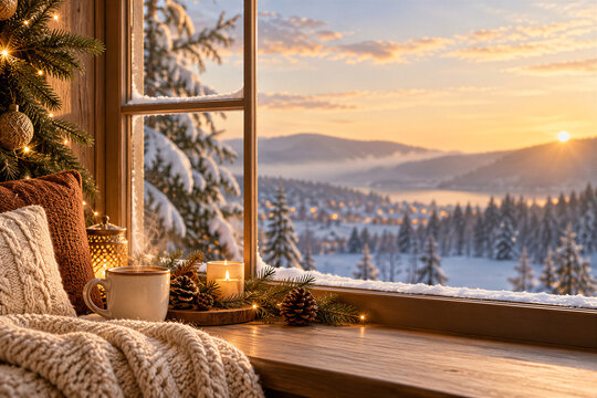 Cozy window sill with steaming mug of coffee, pine cones, and lit candle overlooking a snowy mountain landscape at sunset. Winter comfort, hygge lifestyle, seasonal relaxation.