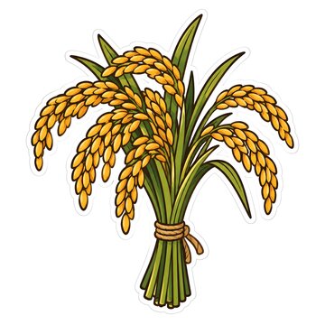 Golden rice stalks with green leaves tied into a bundle in a flat vector sticker style.