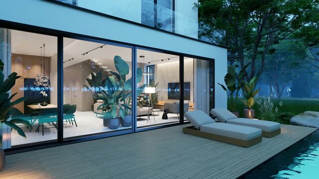 4K pan of a luxury open-concept interior featuring a modern living room, dining area, floating staircase, marble wall, and panoramic glass pool view at dusk.