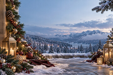 Fototapeta premium Winter landscape with snowy mountains and pine trees viewed from a decorated balcony, festive lanterns, ornaments, and Christmas greenery. Holiday background, seasonal celebration, winter travel.