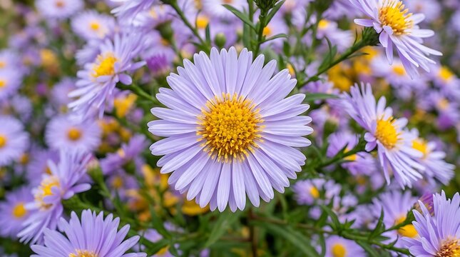 Closeup of beautiful light purple aster flowers with yellow centers in a garden