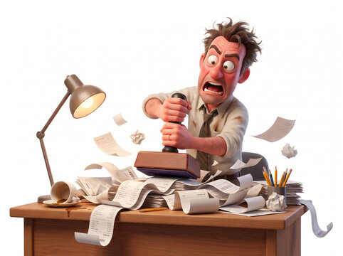 3D animated illustration of a stressed and angry businessman forcefully stamping a chaotic pile of long paper receipts at his office desk, concept of high workload, financial anxiety, and tax deadline