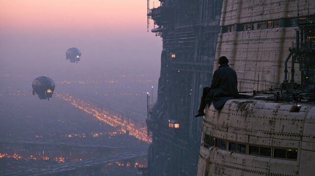 Growth and Innovation in a Futuristic Cityscape with Solitary Observer and Airships