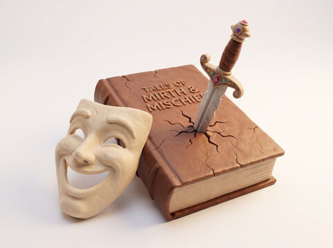 3D animated style illustration of a smiling theater comedy mask next to a closed leather book titled Tales of Mirth and Mischief stabbed with a detailed dagger, concept of betrayal, irony, and dark se