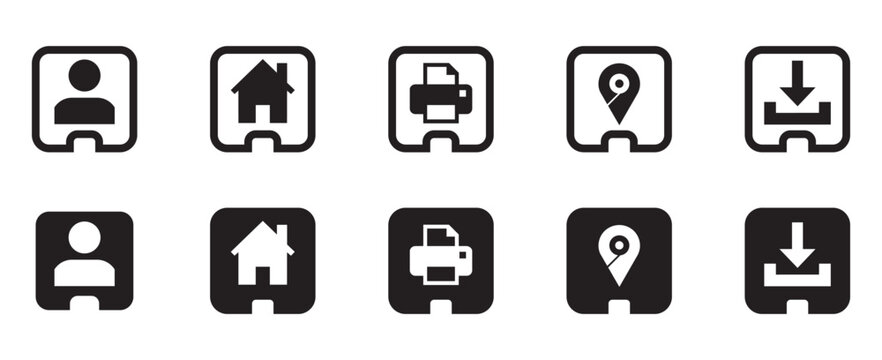 User account navigation menu buttons collection. Website and mobile application user interface navigation button pack showcasing profile, homepage, print, map pin, and download utility signs.