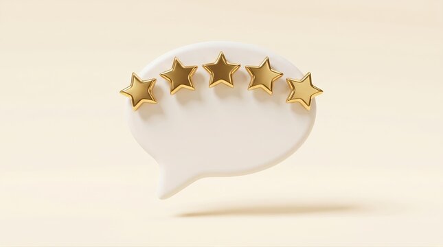 3D White Speech Bubble with Five Gold Rating Stars for Customer Feedback and Reviews on Beige Background