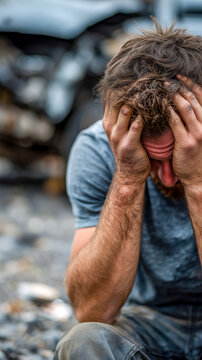Man in shock after car accident, face hidden in hands