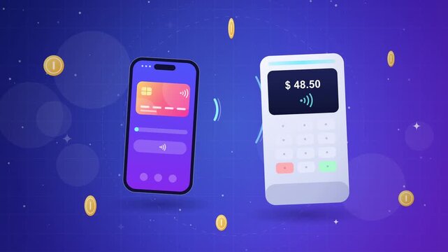 Contactless payment NFC smartphone terminal financial transaction vector animation