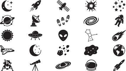 Set of black space icons featuring rockets, planets, astronauts, satellites, and celestial bodies in style also transparent background © MeJaMa