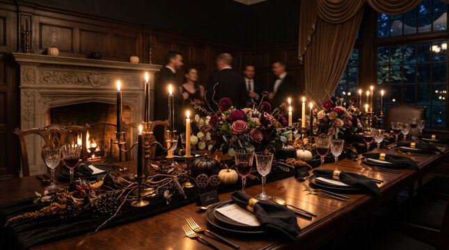 Beautifully set long table for an elegant adult Halloween dinner party