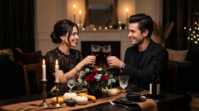Elegant couple toasting with glasses at a refined Halloween dinner table