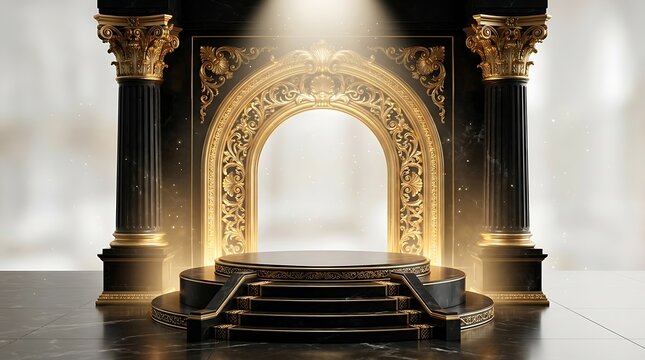 Elegant black and gold podium with classical columns and ornate archway
