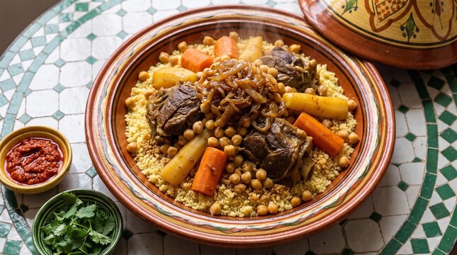 Traditional Moroccan couscous with lamb, chickpeas, carrots and caramelized onions served in a ceramic tagine dish