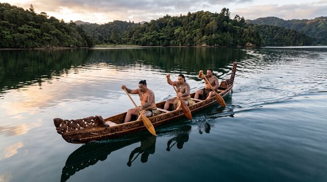 Three Maori men paddle a traditional waka canoe through a calm lake surrounded by lush green forested hills at sunset
