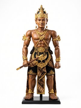 Isolated Wayang Golek Puppet Bima Werkudara Muscular Body Black Gold Batik Gada Mace Weapon