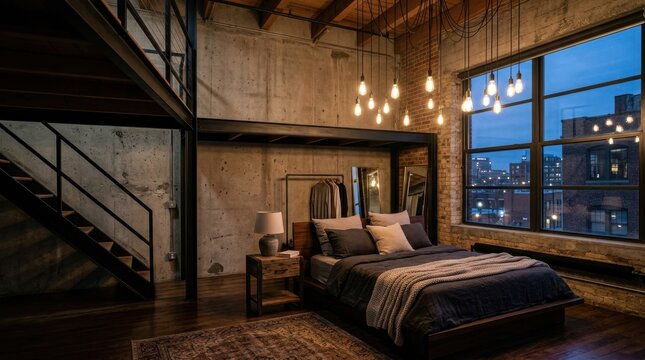 Cozy bedroom in a modern industrial loft apartment with large windows and hanging Edison bulb lights at dusk