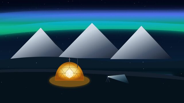 Flat Vector Animation of Nordic Winter Camping Under Aurora Borealis with Seamless Loop, Travel and Adventure Marketing
