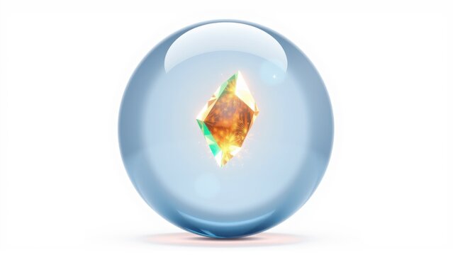 Glass sphere contains vibrant gem. Light reflects, creating luminous effect. Clean background emphasizes objects brilliance.