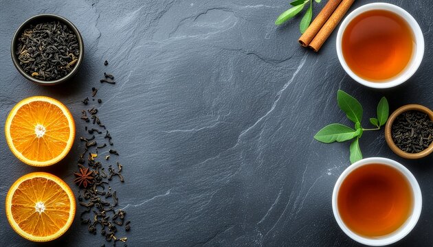 Top view flat lay of two cups of hot tea, sliced oranges, loose tea leaves, cinnamon sticks, and star anise arranged on a dark rustic slate background with copy space