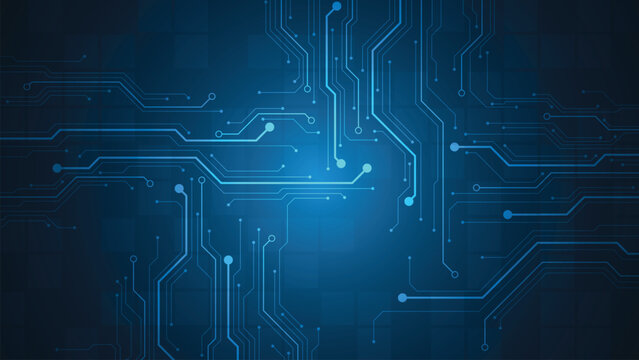 Complex electronic circuit on a dark blue background.