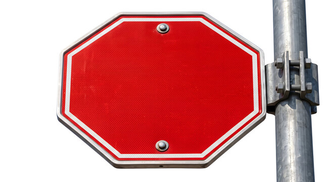 Red octagon stop sign with white border mounted on metal pole for traffic control.