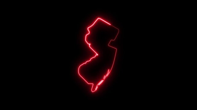 Glowing red neon outline map of new jersey state, usa, isolated on black background