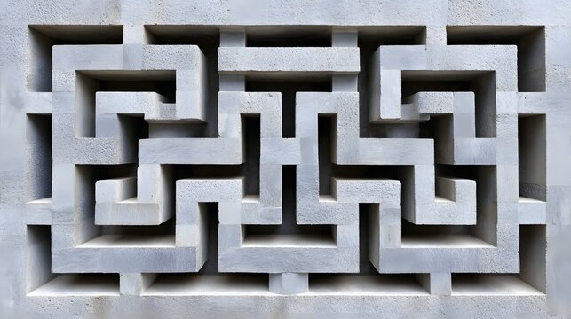Geometric Concrete Relief Pattern with Interlocking Greek Key Maze Design in Grey Architectural Facade