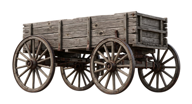 Rustic vintage wooden wagon with four large wheels isolated for historical farm display decor art.