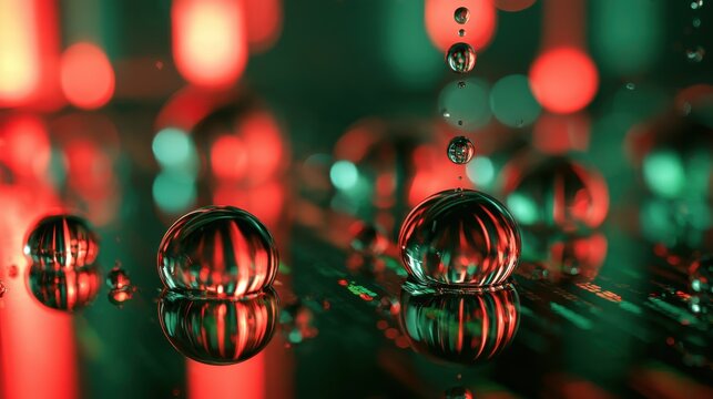 Oil drop macro, glowing red and green financial data background