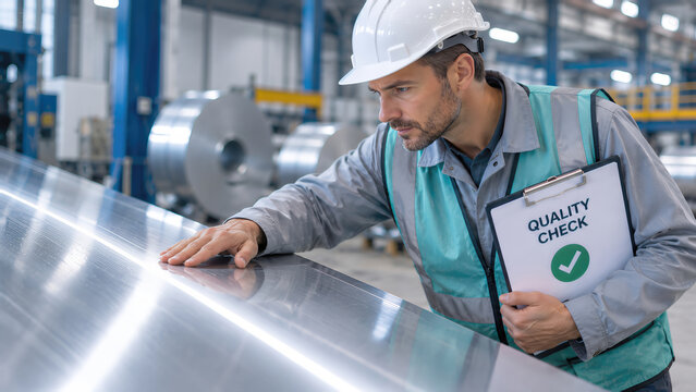 Worker Inspecting Aluminum Sheet Surface for Quality Control