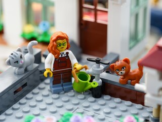 Obraz premium Tambov, Russian Federation - August 22, 2026 Lego woman gardener minifigure holding a green watering can next to a water tap. Lego grey cat and ginger cat standing near.