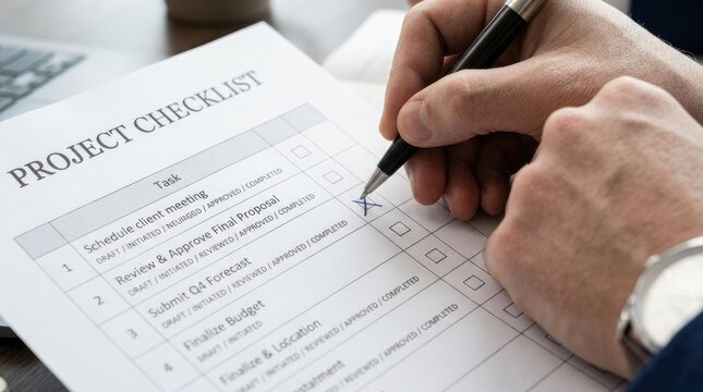 Project management checklist being completed with black pen. Task list with checkboxes for approvals
