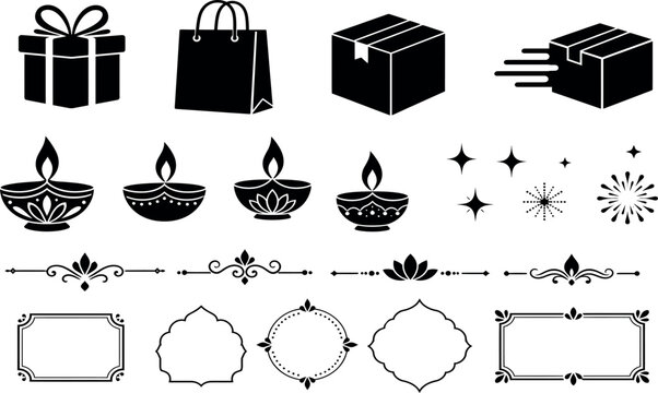 A monochrome sketch features gifts traditional diyas twinkling stars and various geometric shapes set against a subtly textured backdrop