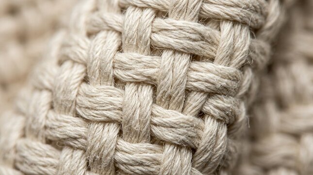 Close-up macro texture of woven natural fiber textile, neutral beige background
