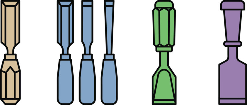 Set of various chisels for wood carving and woodworking tools vector illustration
