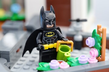 Obraz premium Tambov, Russian Federation - August 23, 2026 Lego Batman minifigure with a watering can next to a flower bed on a rooftop garden. Close-up