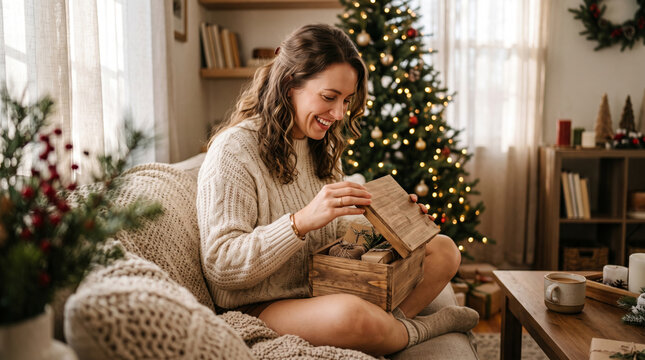 Smiling woman opening a wooden box with Christmas gifts near a decorated tree and coffee table
