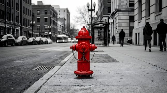 A vibrant red fire hydrant stands out against a black and white urban city street scene with pedestrians and buildings in the background