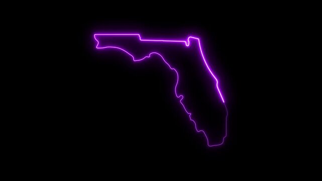 Neon purple florida state map outline glowing on black background, digital travel concept