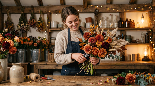 Florist Arranging Autumnal Bouquet with Roses and Dahlias in Rustic Workshop