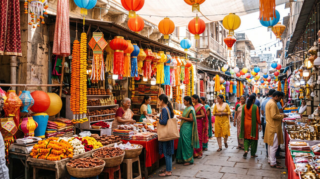 Vibrant Indian Market Scene with Colorful Lanterns and Festive Decorations