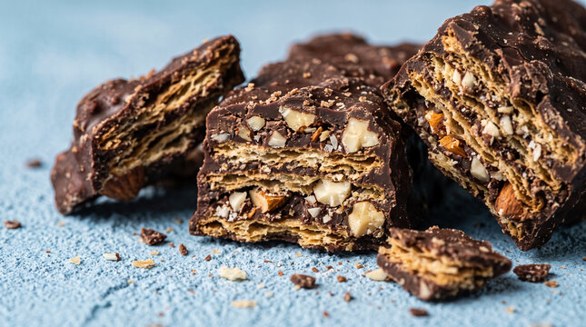 Chocolate wafer bars with nuts and almonds on blue textured surface