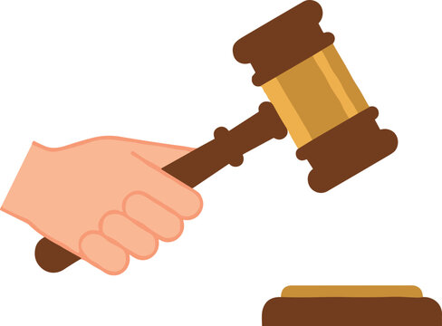 Flat vector business illustration of a human hand holding a wooden judge gavel striking a sounding block for legal justice and auction concepts